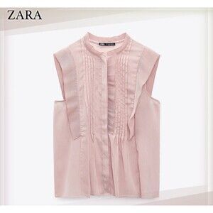 Zara Women's Sheer Ruffle Button Up Sleeveless Blouse SIZE SMALL‎ NWT Blush Pink